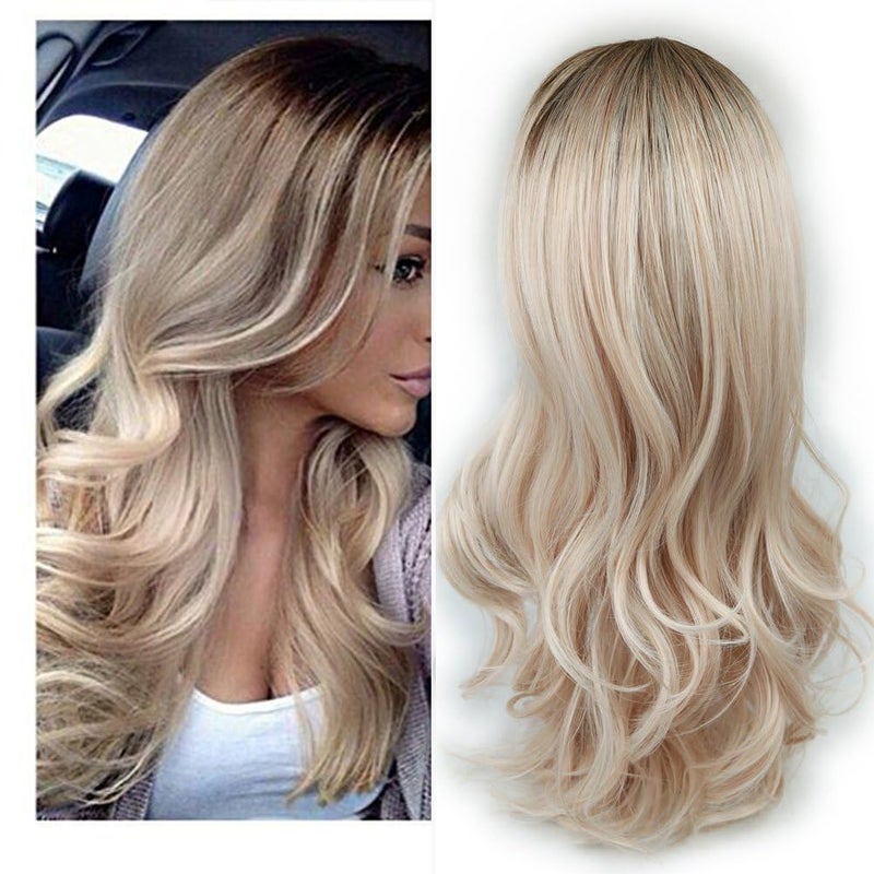 Lady Miranda Blonde Wigs for White Women Brown to Ash Blonde Natural Looking High Density Heat Resistant Synthetic Hair Weave Full Wigs for Women Middle Part Long Ombre Blonde Wavy Wig (T/Ash Blonde) - Image 1